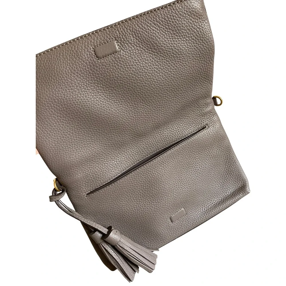 Tory Burch McGraw Foldover Leather Crossbody Bag Gray Taupe